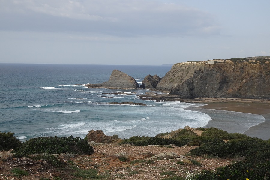 Rough basalt rock formations along the Algarve West Coast
